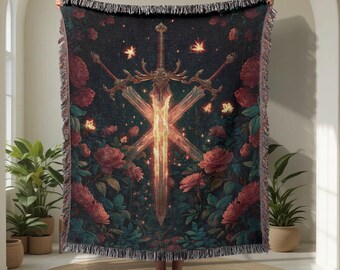Manta tejida 100 % algodón para amantes de los libros de fantasía, manta tejida para lectores de Romantasy, tapiz de espada mágica y rosa, decoración tejida para novio gamer.