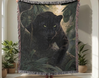 Panther 100% bomullsvävd filt för naturälskare, majestätisk djungelkattfilt, filt med exotiskt djurmotiv, panterdekorfilt