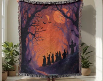 Halloween 100% Cotton Woven Blanket, Witch Silhouette Woven Blanket, Spooky Forest Woven Blanket, Autumn Night Woven Blanket, Halloween.