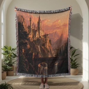 Couverture tissée 100 % coton Fantasy Castle, pour les amoureux des livres, jetée tissée sombre du milieu universitaire, couverture tissée cadeau de pendaison de crémaillère, conte de fées