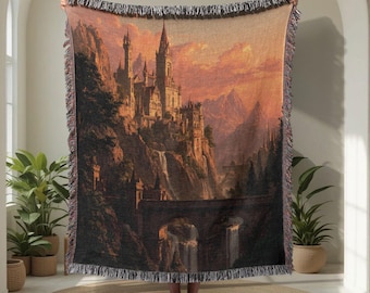 Fantasy Castle 100% Cotton Woven Blanket, For Book Lover Woven Throw, Dark Academia Tapestry, Housewarming Gift Woven Blanket, Fairytale