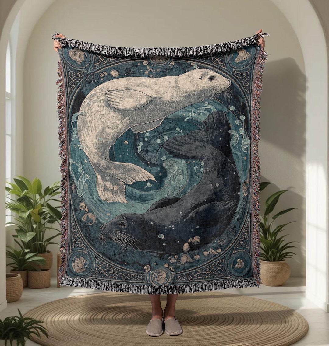 Yin Yang Seals 100% CottonWoven Blanket, Spiritual Balance Gift For Ocean Lover Woven Tapestry, Zen Harmony Decor Marine Biologist Friend. - 60 x 80 inches