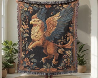 Griffin Mythology Lover 100% Cotton Woven Blanket, Fantasy Reader Gift Woven Throw, Dark Academia Decor Tapestry Blanket, Medieval Gryphon.