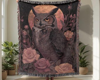 Owl Lover 100% Cotton Woven Blanket, Nature Lover Throw Blanket, Gothic Decor Woven Throw, Dark Academia Tapestry, Witchy Friend Gift Decor.