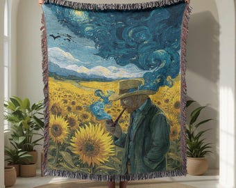 Manta tejida 100% algodón con diseño de girasoles y cielo estrellado, manta de arte impresionista, tapiz artístico de paisaje, regalo acogedor para la decoración del hogar para amantes del arte.