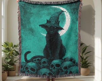 Gothic Black Cat 100% Cotton Woven Blanket, Witchy Friend Gift Woven Throw, Halloween Decor Woven Tapestry, Pagan Religion Gift, Occult.