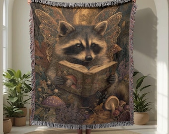 Fairy Raccoon Reading 100% Cotton Woven Blanket, Book Lover Gift Tapestry, Librarian Friend Throw, Dark Academia , Cottagecore Blanket Decor