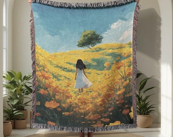 Manta tejida de algodón 100% con diseño de campo de flores "Serene Girl", manta con paisaje de pradera de ensueño, manta con escena floral amarilla de la naturaleza, artística y pacífica.