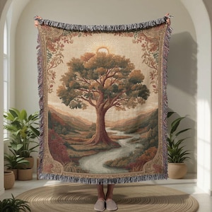 Spiritual Friend Gift 100% Cotton Woven Blanket, Tree Of Life Religious Woven Throw, Pagan Yggdrasil Hobby Woven Tapestry, Mythology Lover