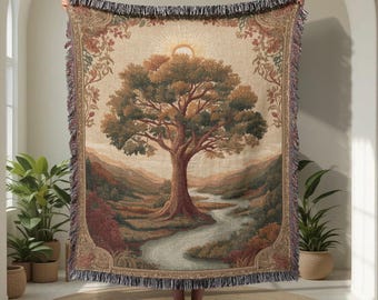 Manta tejida 100 % algodón, regalo para un amigo espiritual, manta tejida religiosa del Árbol de la Vida, tapiz tejido con temática pagana de Yggdrasil, para amantes de la mitología.