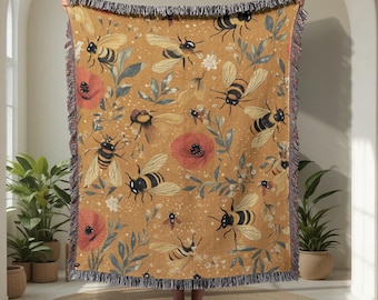Gardener Gift 100% Cotton Woven Blanket, Bee Lover Throw Blanket, Beekeeper Woven Tapestry, Cottagecore Floral Poppies Throw, Nature Lover.