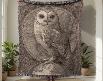 Vintage Owl 100% Cotton Woven Blanket, Celestial Map Wall Art Throw, Gothic Decor Tapestry, Nature Lover Gift Blanket, Mystical Bird Home.