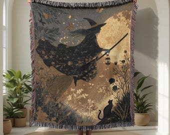 Halloween heks 100% katoenen geweven deken, heidense vriend cadeau deken, Wicca kattenliefhebber deken, Celestial Moon Goth decor wandtapijt.