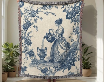 Vintage Toile De Jouy 100% Baumwolle gewebte Decke, französische Landdekor-Kunst-Wurf, elegante Blumendecke für Wohnzimmer, ästhetisches Hauptgeschenk