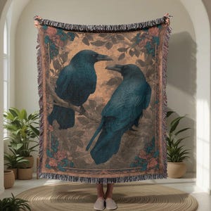 Gothic Couple 100% Cotton Woven Blanket, Raven Lover Gift Woven Blanket, Anniversary Gift Throw, Crow Bird Watcher Tapestry, Witchy Blanket