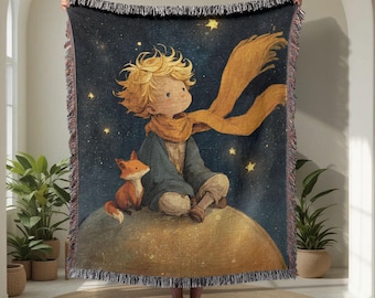 The Little Prince 100% Cotton Woven Blanket, Book Lover Gift Throw Blanket, Classic Storybook Tapestry Blanket, Baby Shower Gift For Reader