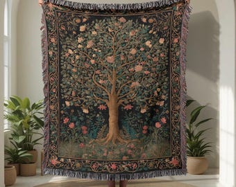 Couverture tissée 100 % coton Arbre de vie, pour jardinier, couverture tissée pour botaniste, cadeau pour amateur d'art, tapisserie de pendaison de crémaillère