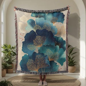 Floral 100% Cotton Woven Blanket With Blue Teal Flowers, Elegant Botanical Throw Blanket, Modern Floral Home Decor Woven Blanket, Artistic.