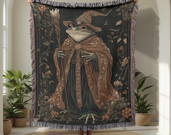 Manta de algodão 100% com estampa de sapo mago, presente para amantes da magia, tapeçaria para decoração estilo cottagecore, manta temática de bruxaria, manta de aniversário para leitores de fantasia.