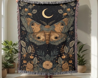 Moth Lover 100% Cotton Woven Blanket, Cottagecore Throw Blanket, Celestial Moon Decor, Entomology Student Gift, Witchy Birthday Gift Blanket