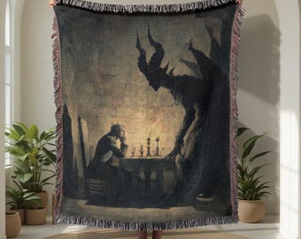 Gothic Devil 100% Cotton Woven Blanket, Dark Academia Demon Woven Tapestry, Occult Home Decor Throw Blanket For Fantasy Lover Gift Woven.