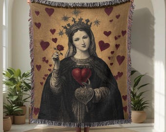 Manta tejida 100 % algodón de la Virgen María del Sagrado Corazón, tapiz de fe cristiana con el amor divino, arte de devoción religiosa, decoración del hogar, regalo.