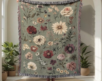 Vintage botanische 100% katoenen geweven deken, deken met wilde bloemen voor tuinman, bloementuin deken, plantenliefhebber housewarming
