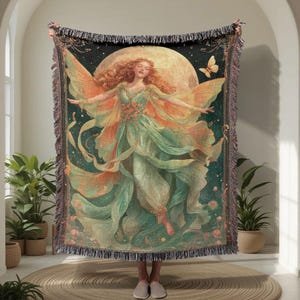 Fairycore 100% Cotton Woven Blanket, Cottagecore Decor Woven Throw, Gift For Daughter Tapestry, Art Nouveau Fairy Blanket, Magical Moon