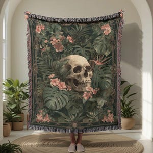Manta tejida 100 % algodón con calavera gótica, decoración Dark Academia, tapiz espeluznante de Halloween, interés en anatomía botánica