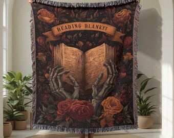 Reading Blanket 100% Cotton Woven Blanket, Book Lover Gift Woven Throw, For Librarian Tapestry, Dark Academia Author, Gothic Quote Blanket