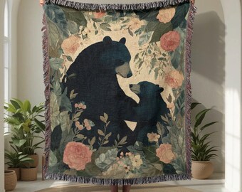 Mama Bear Gift 100% Cotton Woven Blanket, Mom From Daughter Son Woven Throw, New Mom Tapestry, Mother's Day Bedspread, Nature Lover Blanket