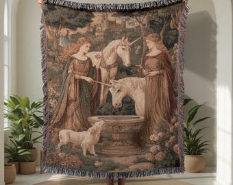 Unicorn Tapestry 100% Cotton Woven Blanket, For Fantasy Reader Woven Throw, Medieval Art Couch Blanket, For History Student, Fairy Tapestry