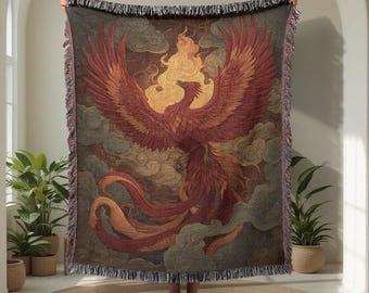 Mythical Phoenix 100% Cotton Woven Blanket, Inspirational Rebirth Gift Woven Throw, Fantasy Lover Decor Woven Tapestry, New Beginnings Woven