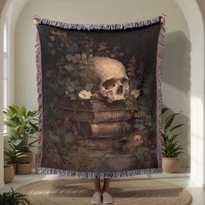 Manta tejida 100 % algodón con calaveras y libros, manta tejida con arte de esqueletos, manta tejida con decoración gótica, manta tejida Dark Academia Mystery