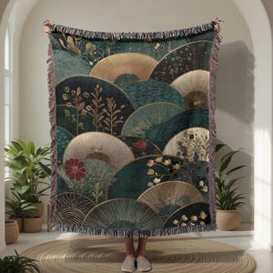 Elegant Botanical Nature 100% Cotton Woven Blanket, Floral Woven Blanket, Fan Pattern Woven Blanket, Artistic Gift Woven Blanket, Home Decor