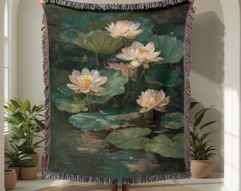 Lotus Flower Water Lily Art 100% Cotton Woven Blanket, Floral Botanical Throw Blanket, Nature Inspired Home Decor Woven Blanket, Relaxation