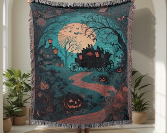 Spooky Halloween 100% Cotton Woven Blanket, Gothic Home Decor Woven Throw, Witchy Friend Gift Tapestry Blanket, Haunted House Art, Decor.