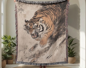 Manta tejida 100 % algodón con diseño de tigre rugiente, arte asiático, pintura japonesa, tapiz para amantes de la vida silvestre, año del tigre