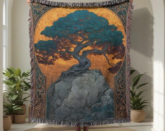 Lebensbaum-Decke aus 100 % Baumwolle, gewebter Wandteppich mit keltischem Knotenmuster, Yggdrasil-Geschenk für Heiden, spirituelle Dekodecke für Sofa, nordische Mythologie