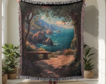Coastal View 100% katoenen geweven deken, landschapskunst plaid, zeegezicht schilderij wandtapijt, natuurliefhebber cadeau geweven deken, artistiek huis