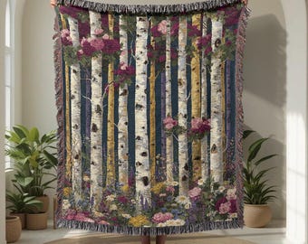 Manta tejida 100% algodón con diseño de bosque de abedules, manta floral con motivos naturales, manta tapiz con diseño de bosques de álamos, manta de jardín botánico para la decoración del hogar.