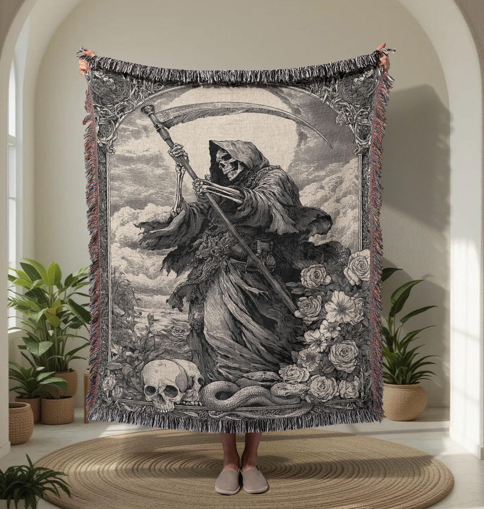 半額以下 ネイバーフッドREAPER WN-MAT ラグマット Gothic Grim Reaper 100% Cotton Woven Blanket, Skull Decor for Dark