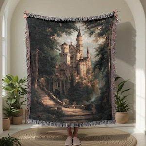 Couverture tissée 100 % coton Château de conte de fées, cadeau pour les férus d&#39;histoire, jeté tissé sombre déco universitaire, couverture souvenir Renaissance médiévale