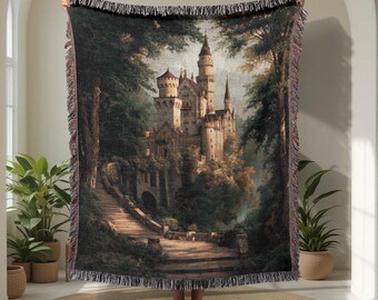 Fairy Tale Castle 100% Cotton Woven Blanket, Gift For History Buff, Dark Academia Decor Woven Throw, Medieval Renaissance Souvenir Blanket