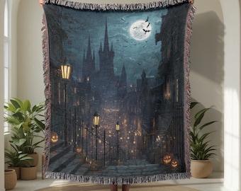 Manta tejida 100% algodón de Halloween gótico, tapiz de castillo espeluznante, decoración de escena callejera encantada, manta de luna llena y murciélagos, arte festivo de octubre.