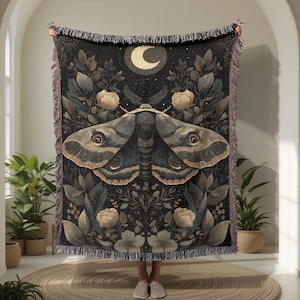 Celestial Moth 100% Cotton Woven Blanket, Witchy Woven Throw For Friend, Dark Academia Tapestry Blanket, Goblincore Cottagecore Blanket