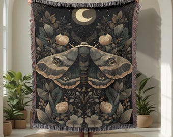 Celestial Moth 100% Cotton Woven Blanket, Witchy Woven Throw For Friend, Dark Academia Tapestry Blanket, Goblincore Cottagecore Blanket