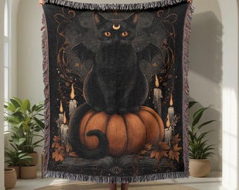 Manta tejida 100 % algodón con diseño de gato brujo, tapiz decorativo de Halloween, manta gótica de gato negro, regalo pagano para un amigo.