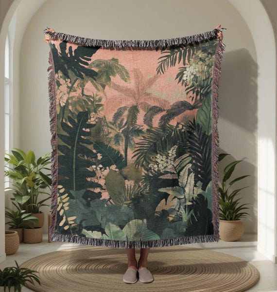Tropical Jungle Sanctuary 100% Cotton Woven Blanket, Nature Lover Woven Blanket, Plant Enthusiast Throw, Botanical Decor Woven Blanket Decor