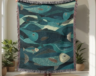 Ocean Fish School 100% Cotton Woven Blanket, Marine Life Woven Blanket, Sea Animal Woven Blanket, Nature Lover Woven Blanket, Coastal Decor